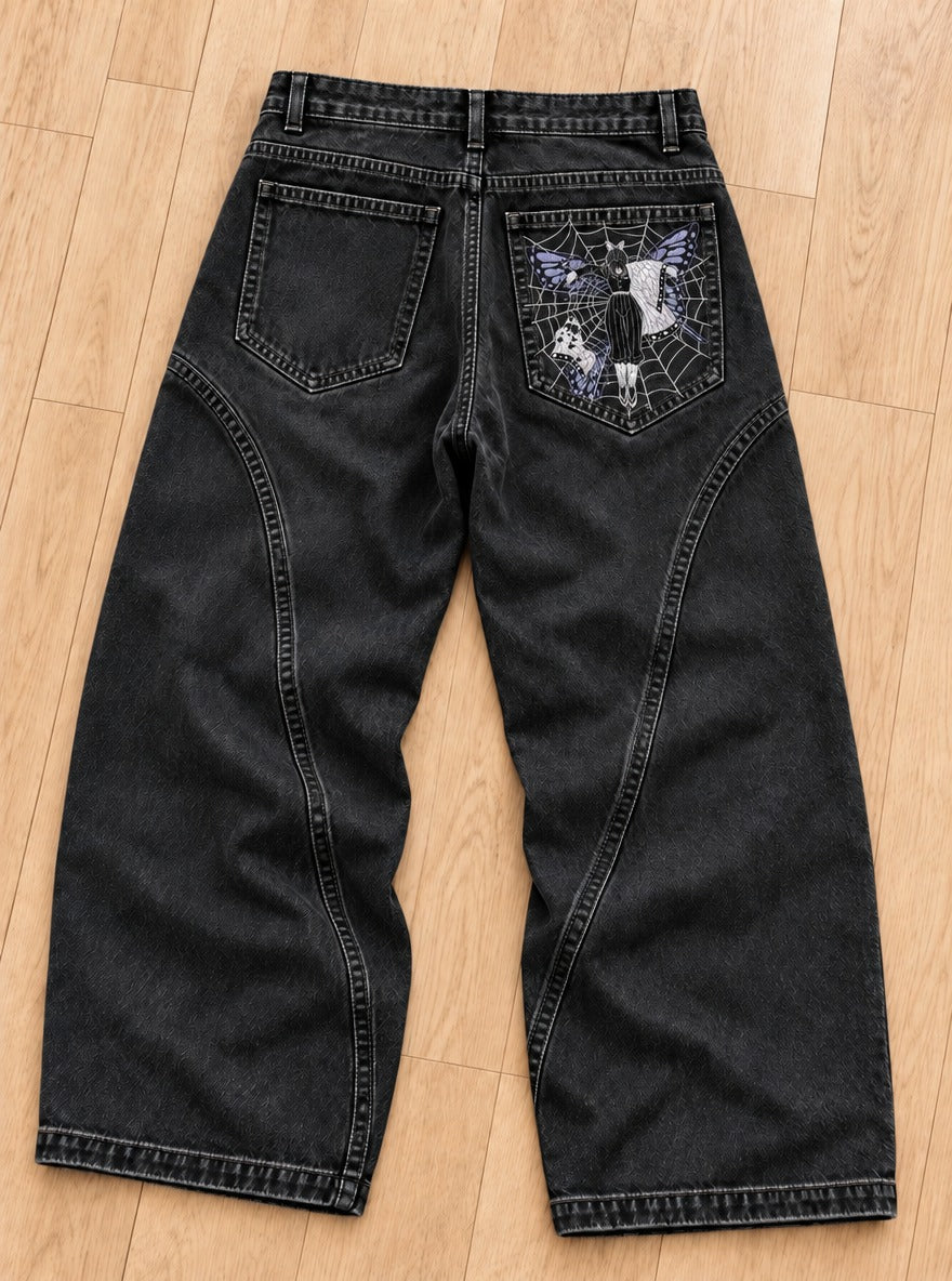 Demon Slayer Embroidered Pocket Jeans – Shinobu Spider Web – back flat-lay | Demon Slayer