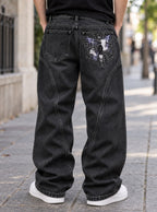 Demon Slayer Embroidered Pocket Jeans – Shinobu Spider Web – worn back view | Demon Slayer
