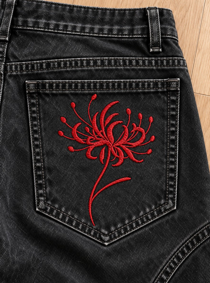 Demon Slayer Embroidered Pocket Jeans – Red Spider Lily – embroidery close-up | Demon Slayer