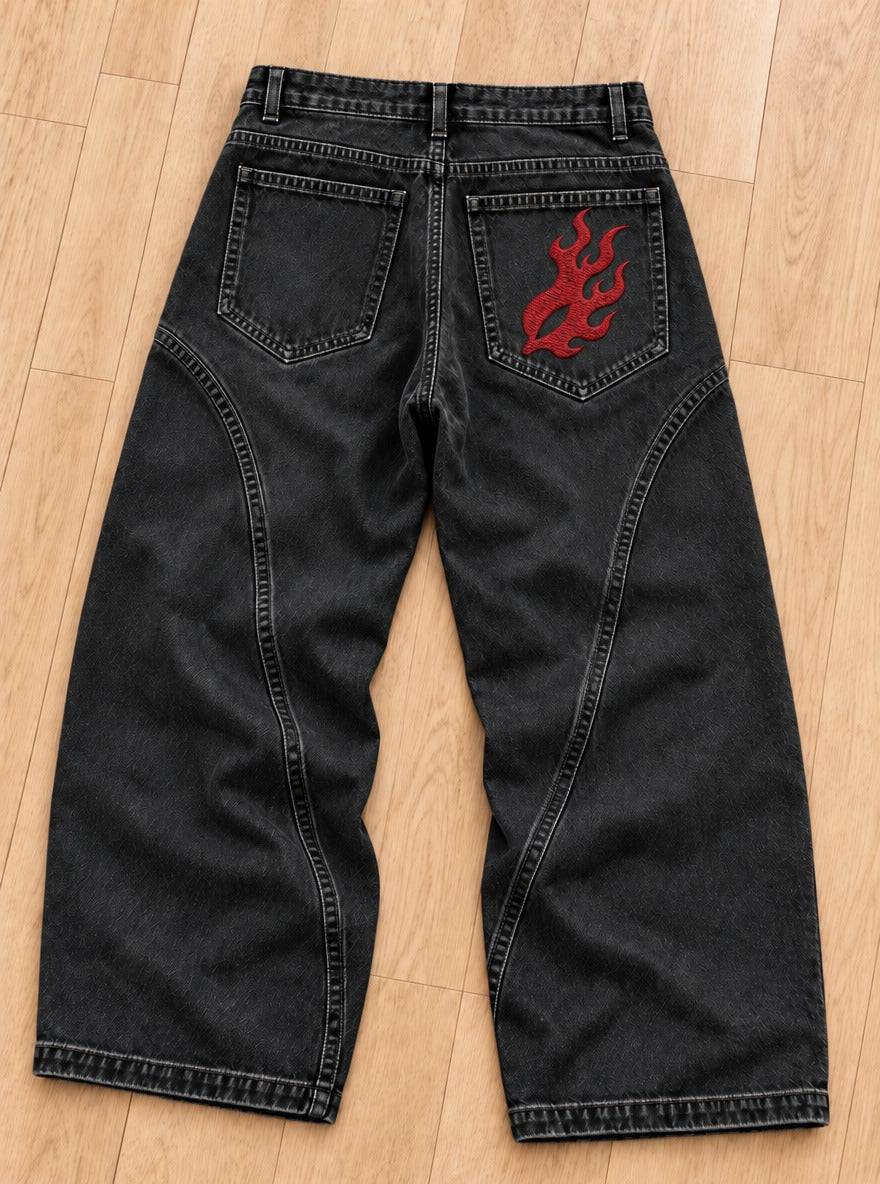 Demon Slayer Embroidered Pocket Jeans – Crimson Flame – back flat-lay | Demon Slayer