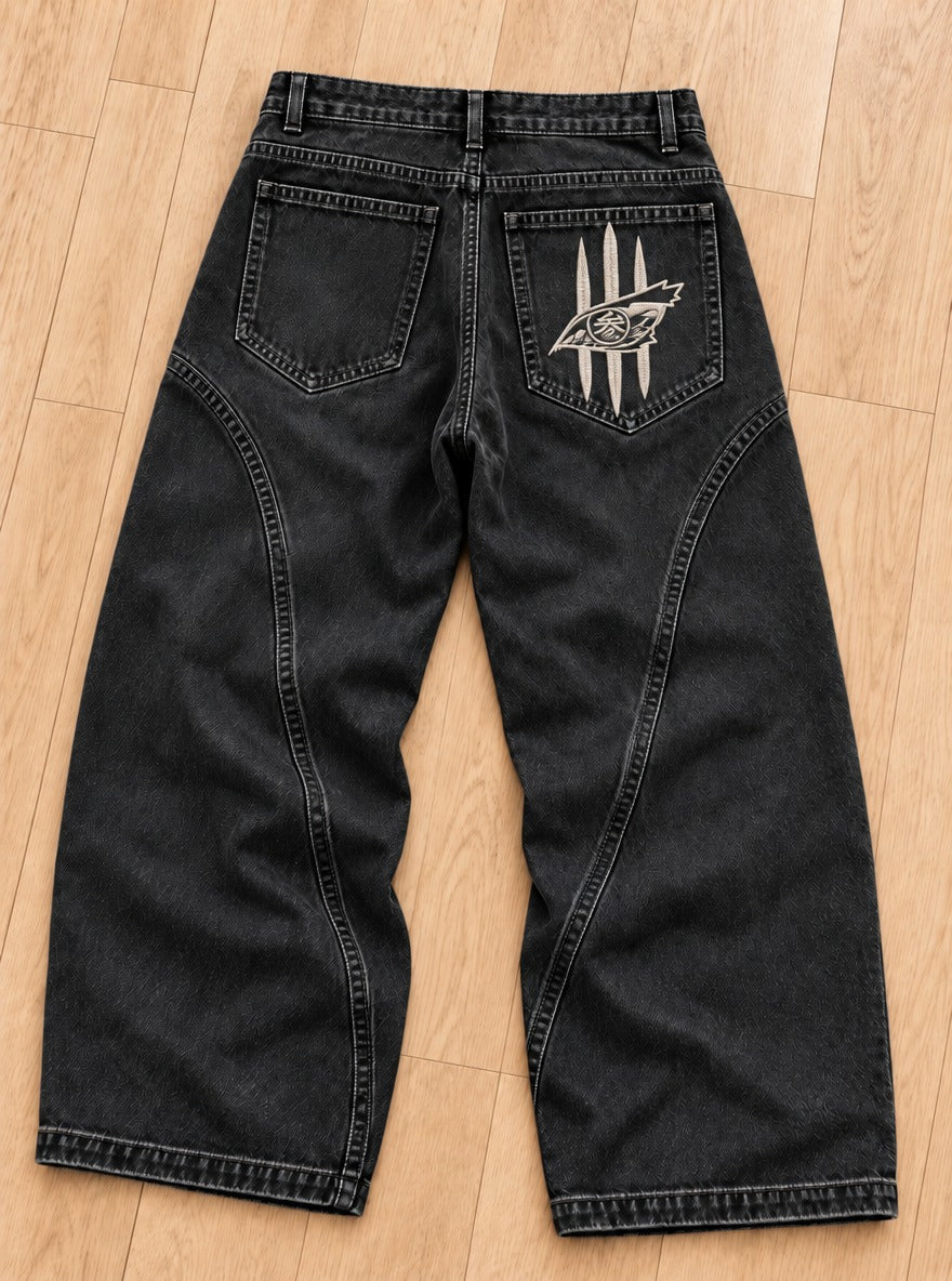 Demon Slayer Embroidered Pocket Jeans – Upper Moon Three Eye – back flat-lay | Demon Slayer