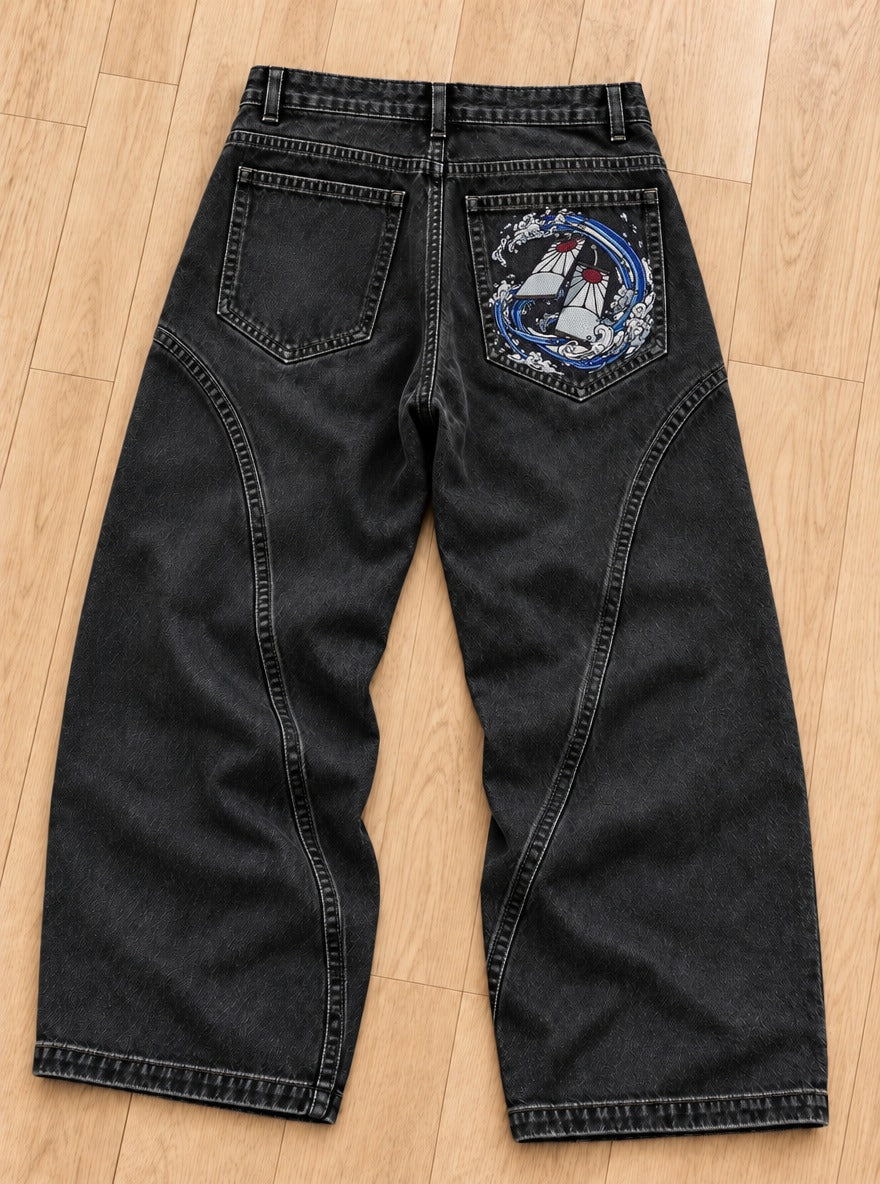 Demon Slayer Embroidered Pocket Jeans – Hanafuda Water Wave – back flat-lay | Demon Slayer