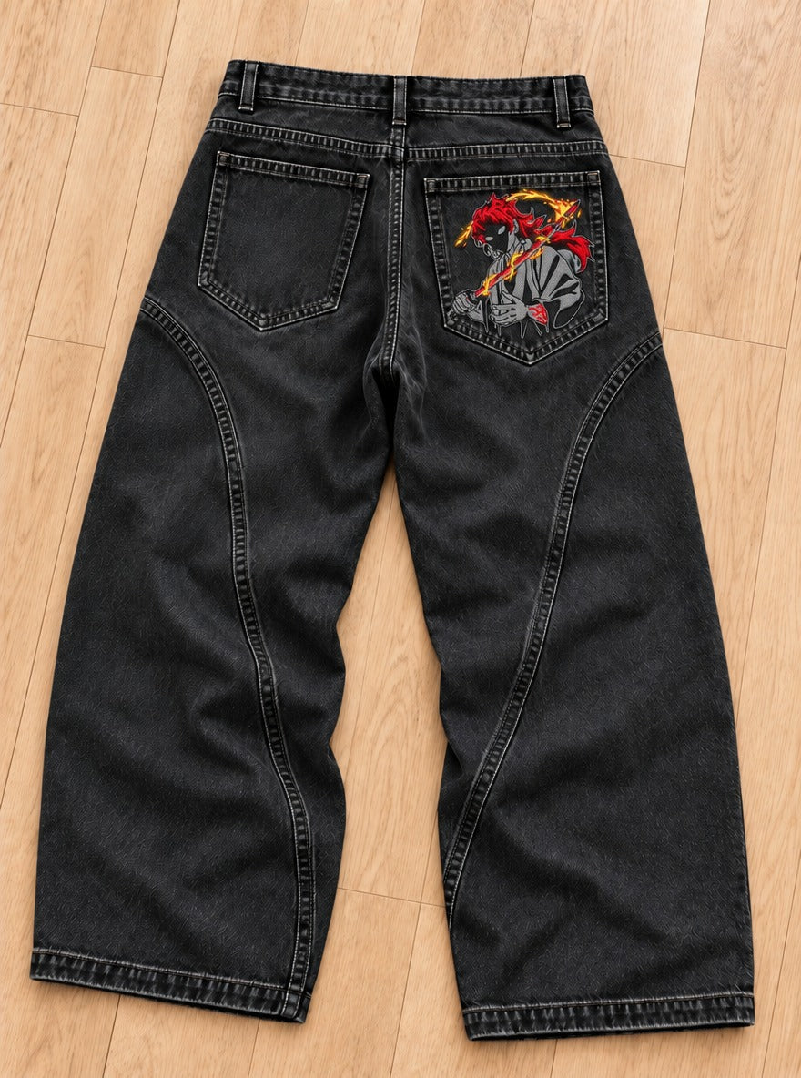 Demon Slayer Embroidered Pocket Jeans – Yoriichi Sun Blade – back flat-lay | Demon Slayer