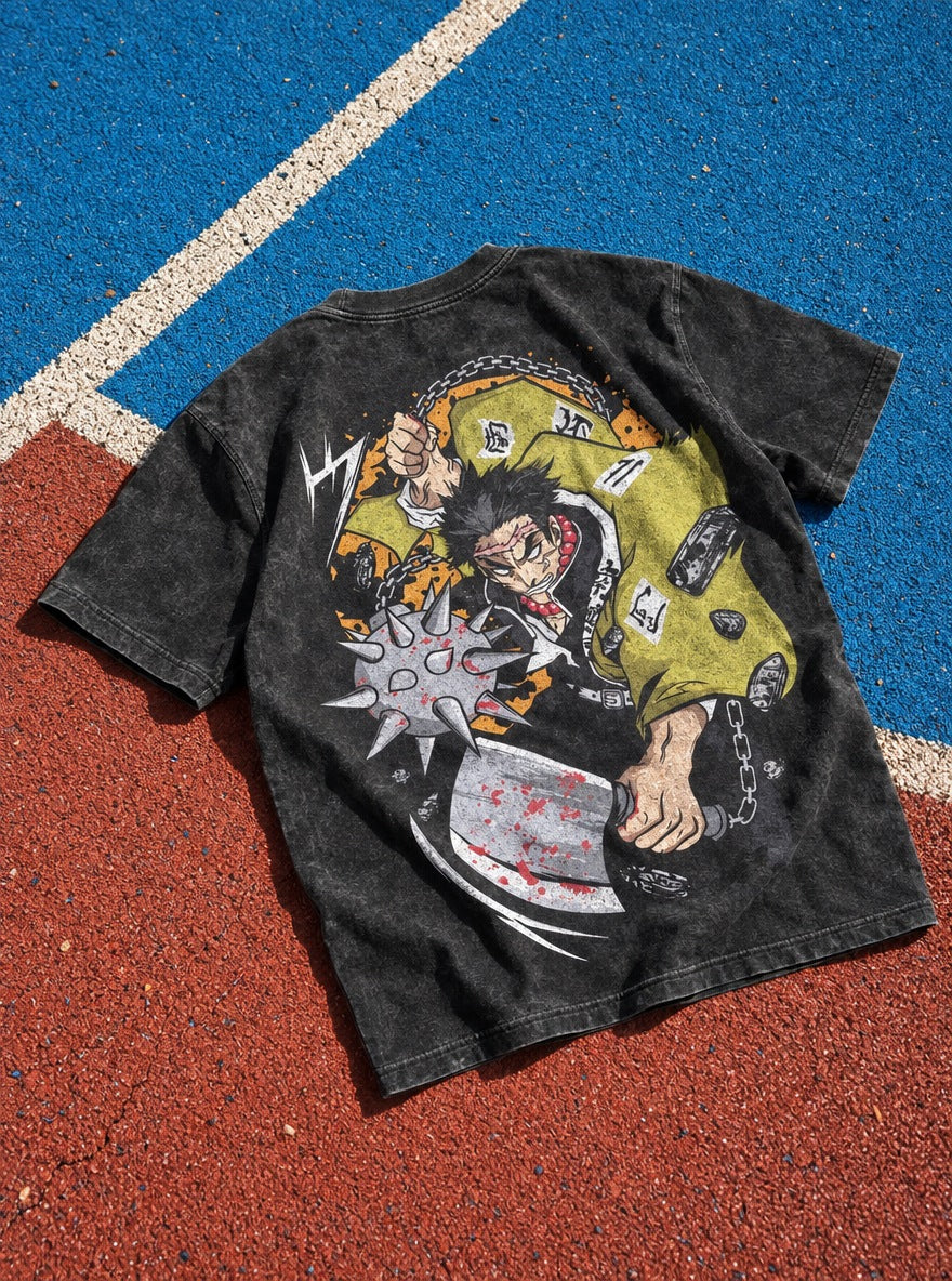 Gyomei Flail – Black T-Shirt – flat-lay | Demon Slayer