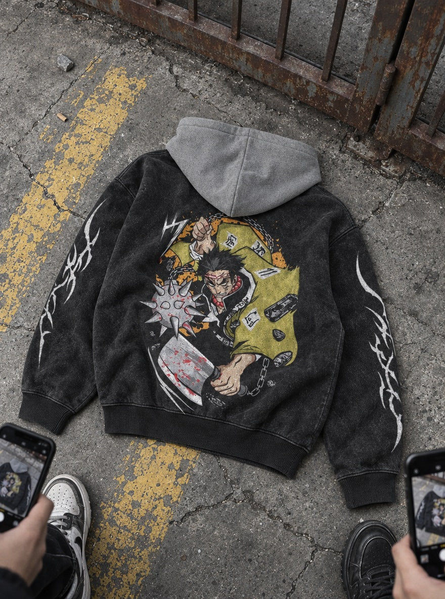Gyomei Flail – Black & Grey Hoodie – flat-lay | Demon Slayer