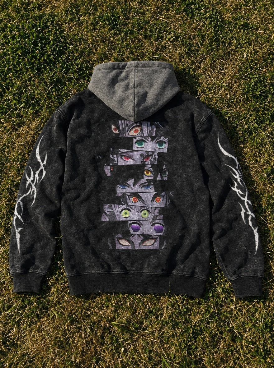 Hashira Eyes – Black & Grey Hoodie – flat-lay | Demon Slayer