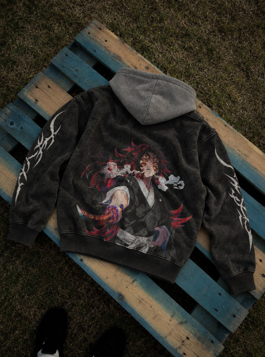 Kokushibo Smoke – Black & Grey Hoodie – flat-lay | Demon Slayer