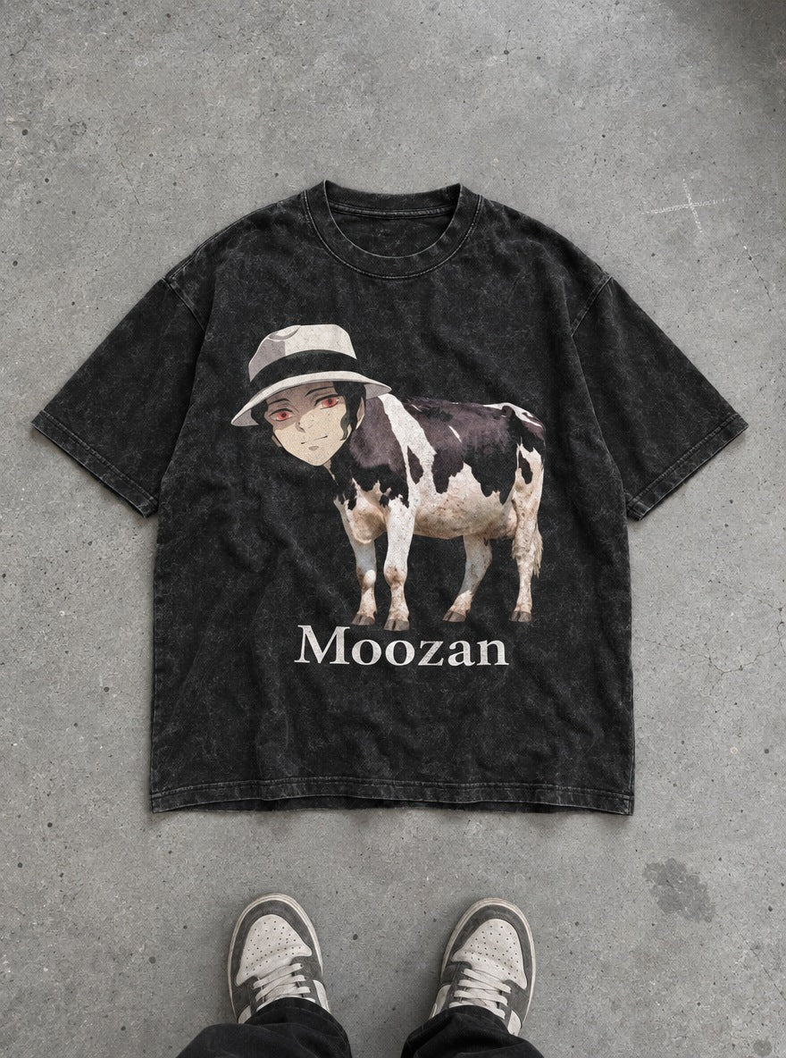 Moozan – Black Acid Wash Tee – flat-lay | Demon Slayer