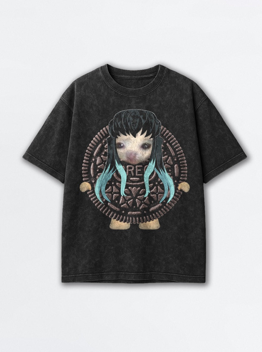 Muichiro Oreo Cat – Black Acid Wash Tee – mockup | Demon Slayer
