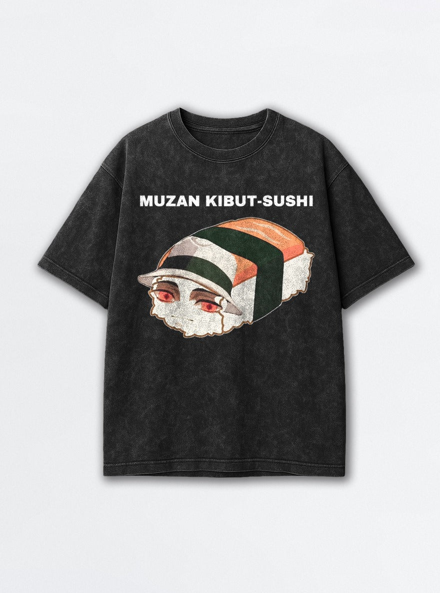 Muzan Kibut-Sushi – Black Acid Wash Tee – mockup | Demon Slayer