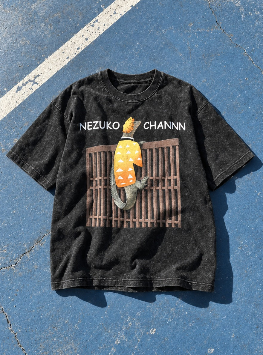 Nezuko Channn – Black Acid Wash Tee – flat-lay | Demon Slayer