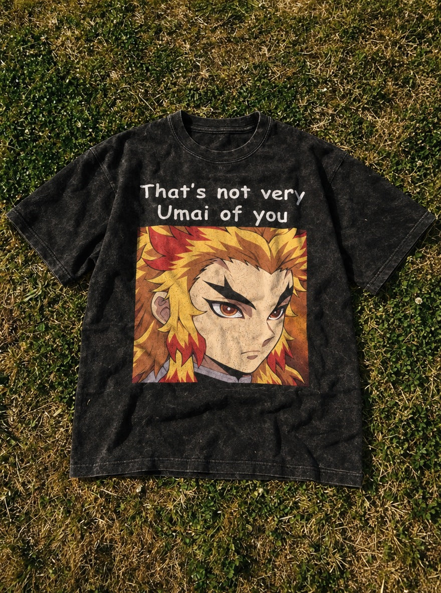 Not Very Umai – Black Acid Wash Tee – flat-lay | Demon Slayer