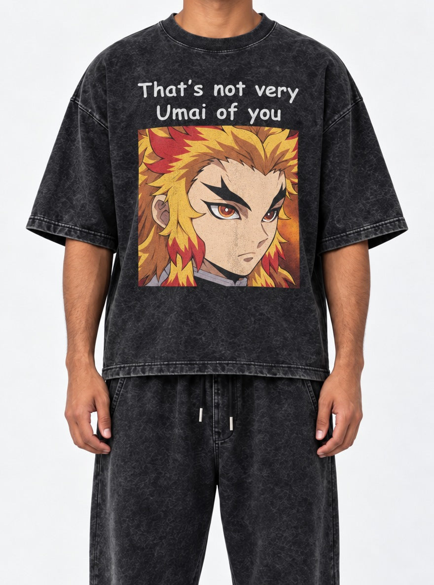 Not Very Umai – Black Acid Wash Tee – model shot | Demon Slayer