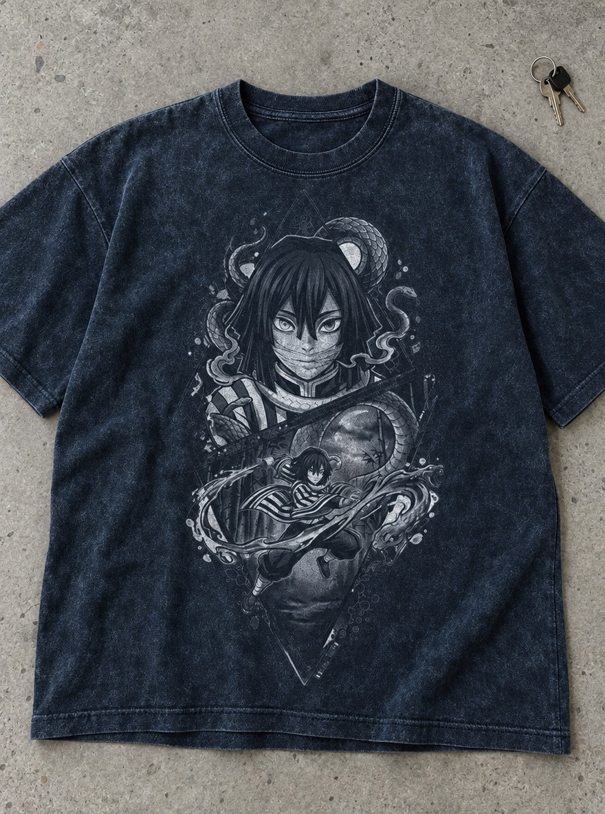 Obanai Serpent – Navy Blue T-Shirt – flat-lay | Demon Slayer