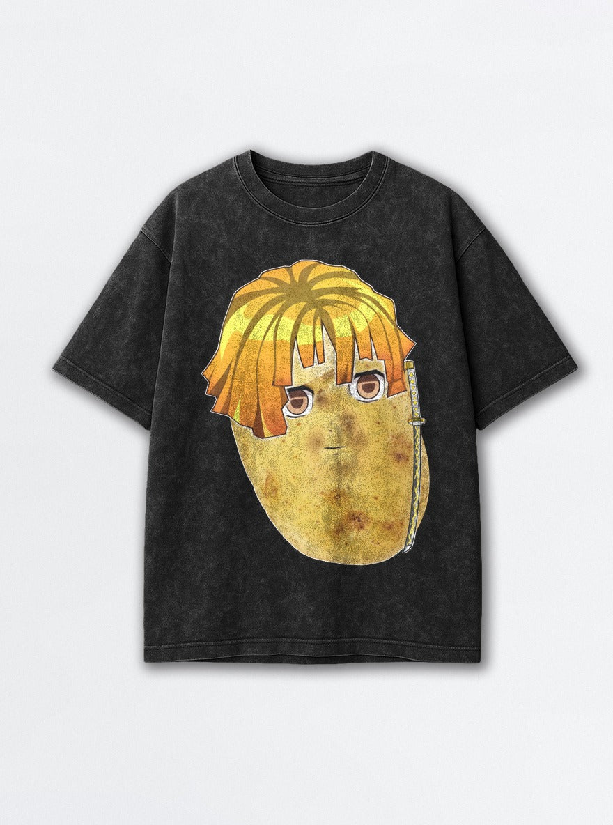 Potato Zenitsu – Black Acid Wash Tee – mockup | Demon Slayer