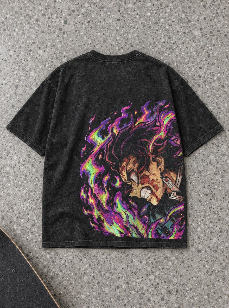 Purple Flame – Black T-Shirt – flat-lay | Demon Slayer