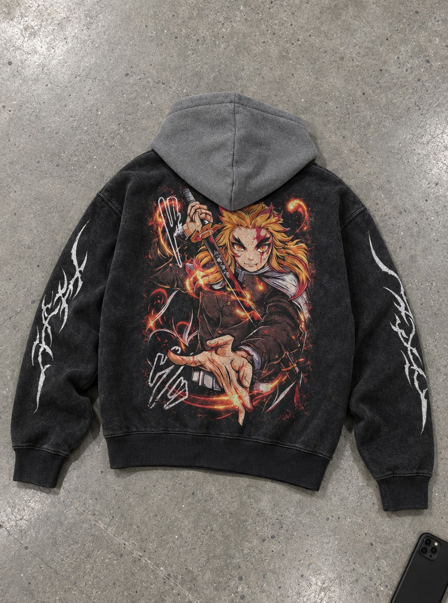 Rengoku Flame – Black & Grey Hoodie – flat-lay | Demon Slayer