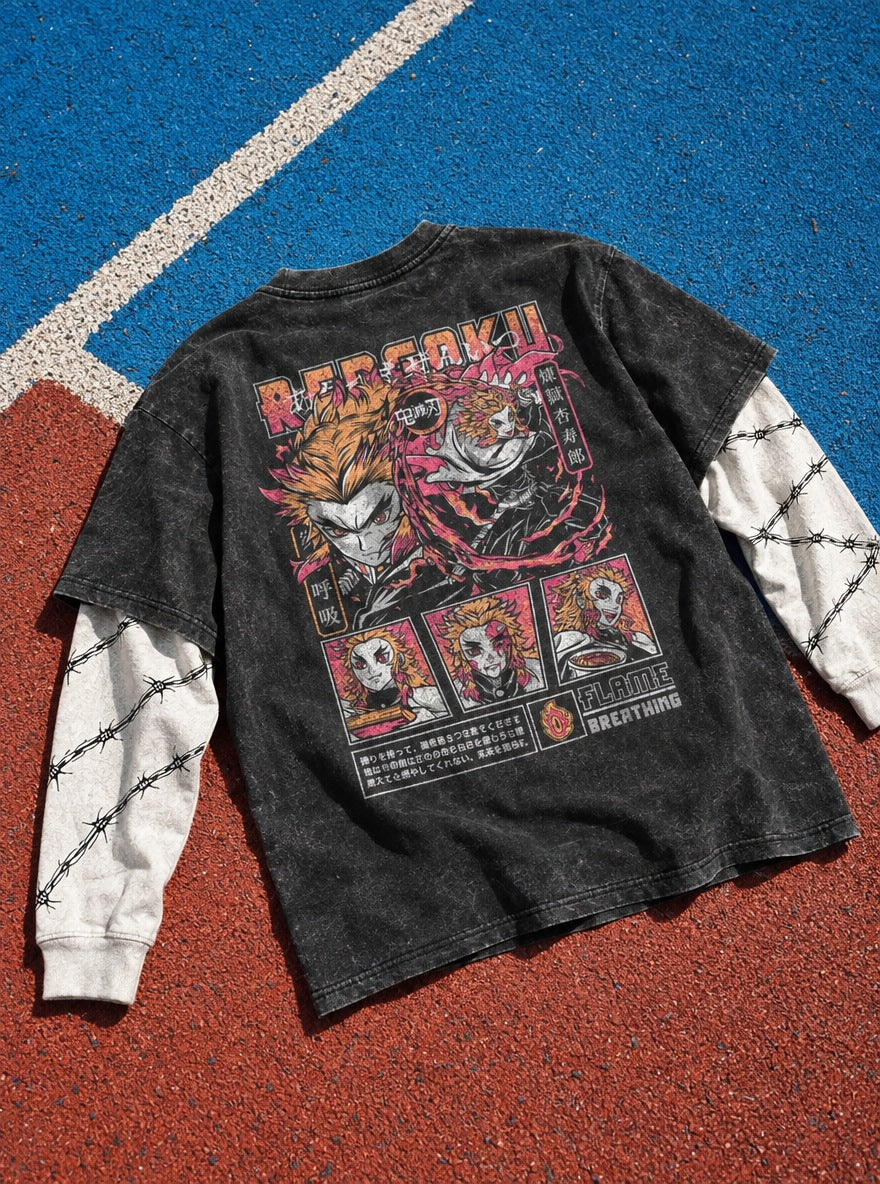 Rengoku Tribute – Double Sleeves – flat-lay | Demon Slayer