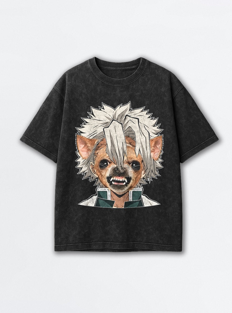 Sanemi Chihuahua – Black Acid Wash Tee – mockup | Demon Slayer