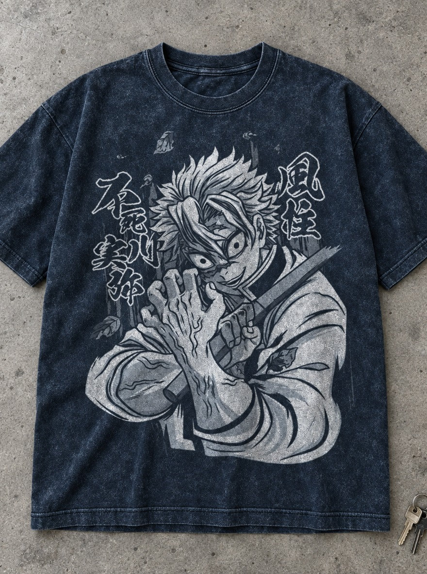 Sanemi Scars – Navy Blue T-Shirt – flat-lay | Demon Slayer