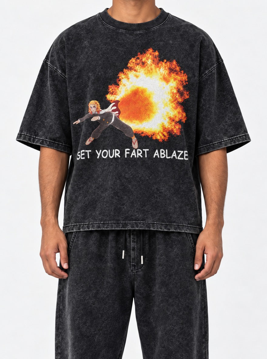 Set Your Fart Ablaze – Black Acid Wash Tee – model shot | Demon Slayer