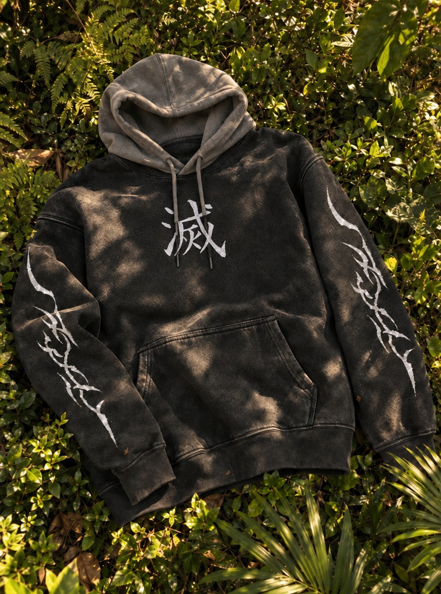Slayer Mark – Black & Grey Hoodie – flat-lay | Demon Slayer