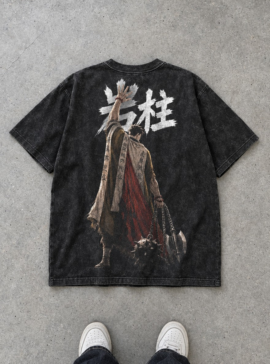 Stone Pillar – Black T-Shirt – flat-lay | Demon Slayer