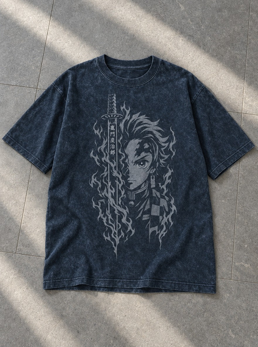 Tanjiro Blade – Navy Blue T-Shirt – flat-lay | Demon Slayer