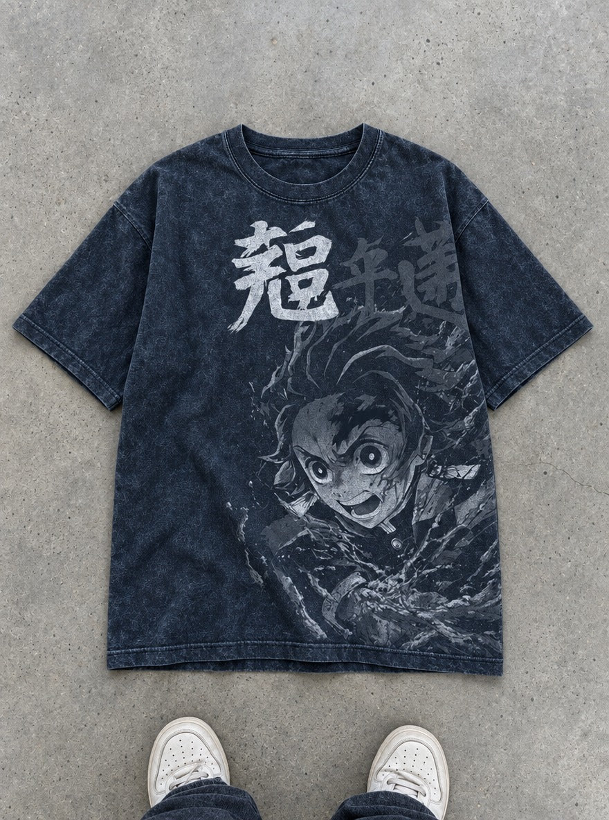 Tanjiro Blaze – Navy Blue T-Shirt – flat-lay | Demon Slayer