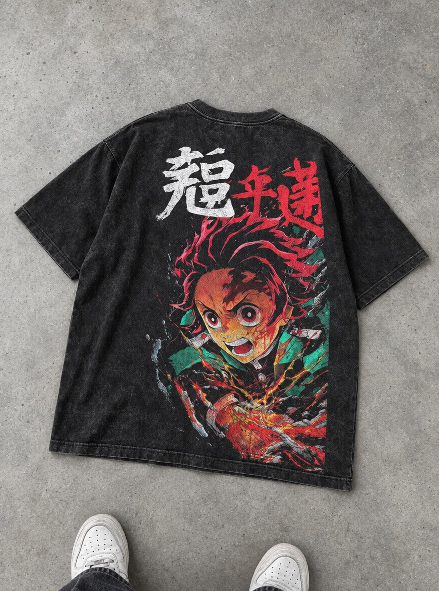 Tanjiro Blaze – Black T-Shirt – flat-lay | Demon Slayer