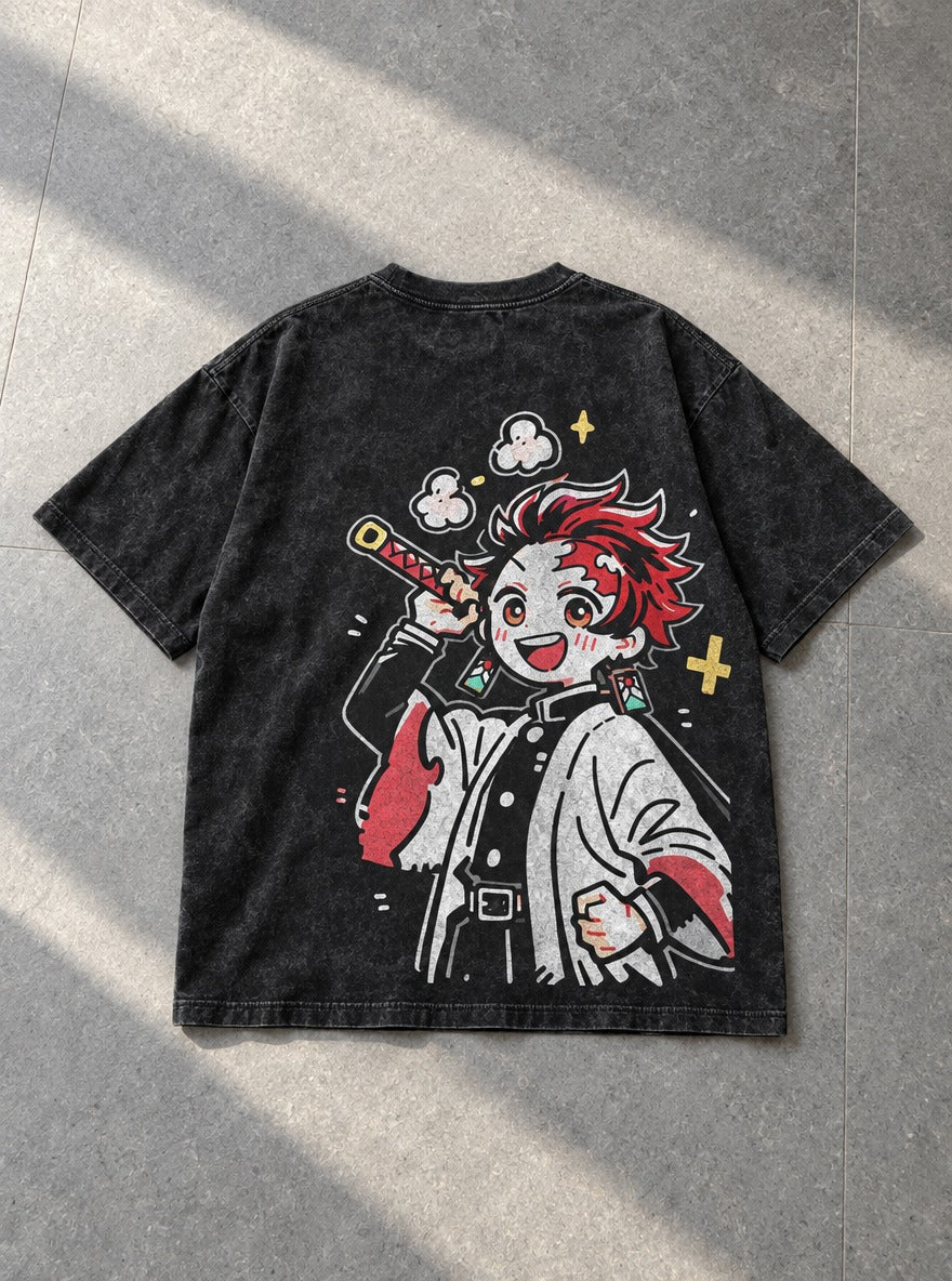 Tanjiro Chibi – Black T-Shirt – flat-lay | Demon Slayer