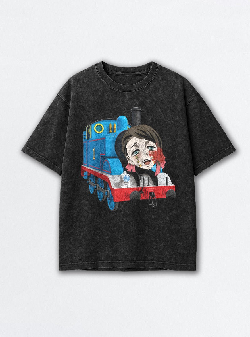 Thomas the Demon Engine – Black Acid Wash Tee – mockup | Demon Slayer