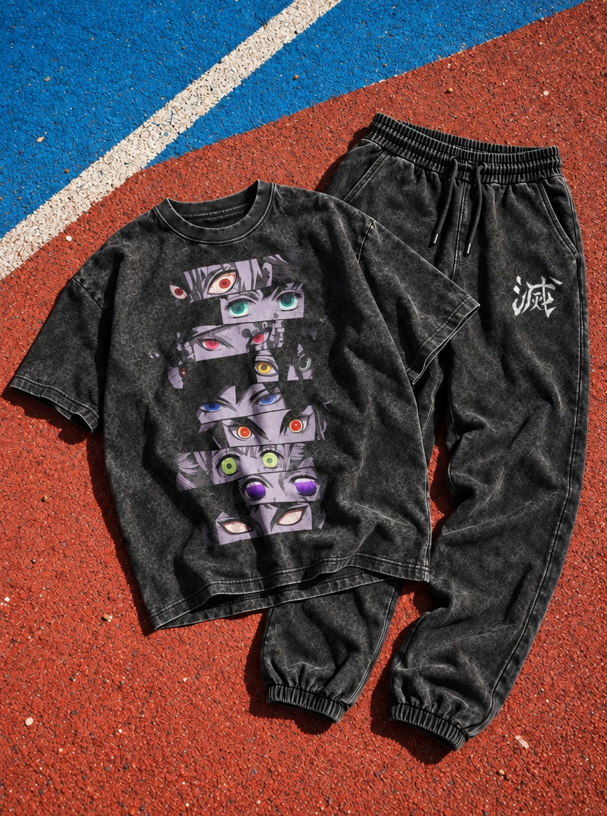 Black Tee & Joggers Combo – Hashira Eyes – flat-lay | Demon Slayer