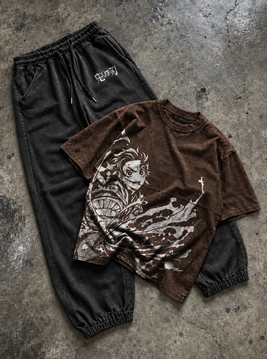 Brown Tee & Joggers Combo – Tanjiro Slash – flat-lay | Demon Slayer