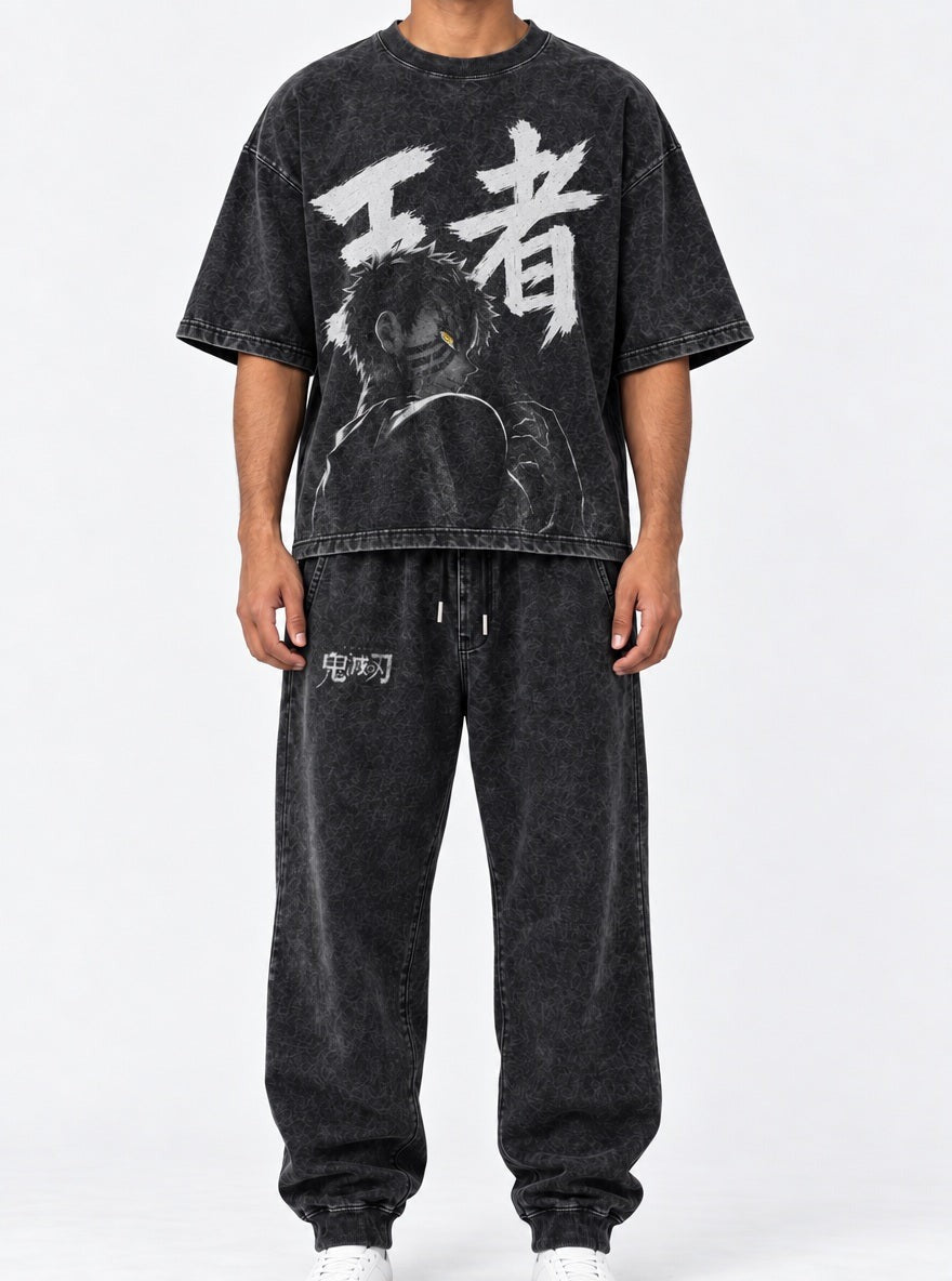 Cool Black Tee & Joggers Combo – Akaza King – model shot | Demon Slayer