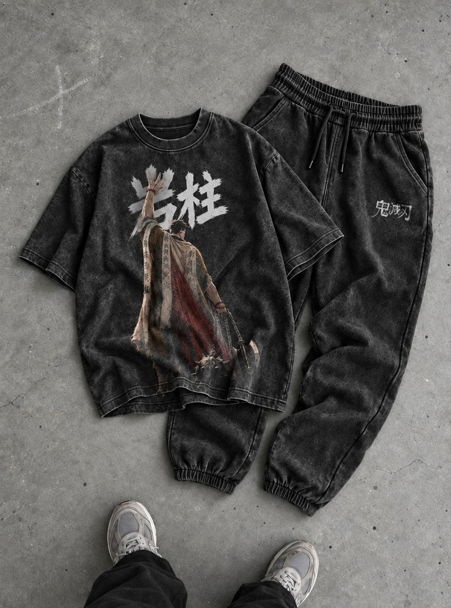 Cool Black Tee & Joggers Combo – Stone Pillar – flat-lay | Demon Slayer