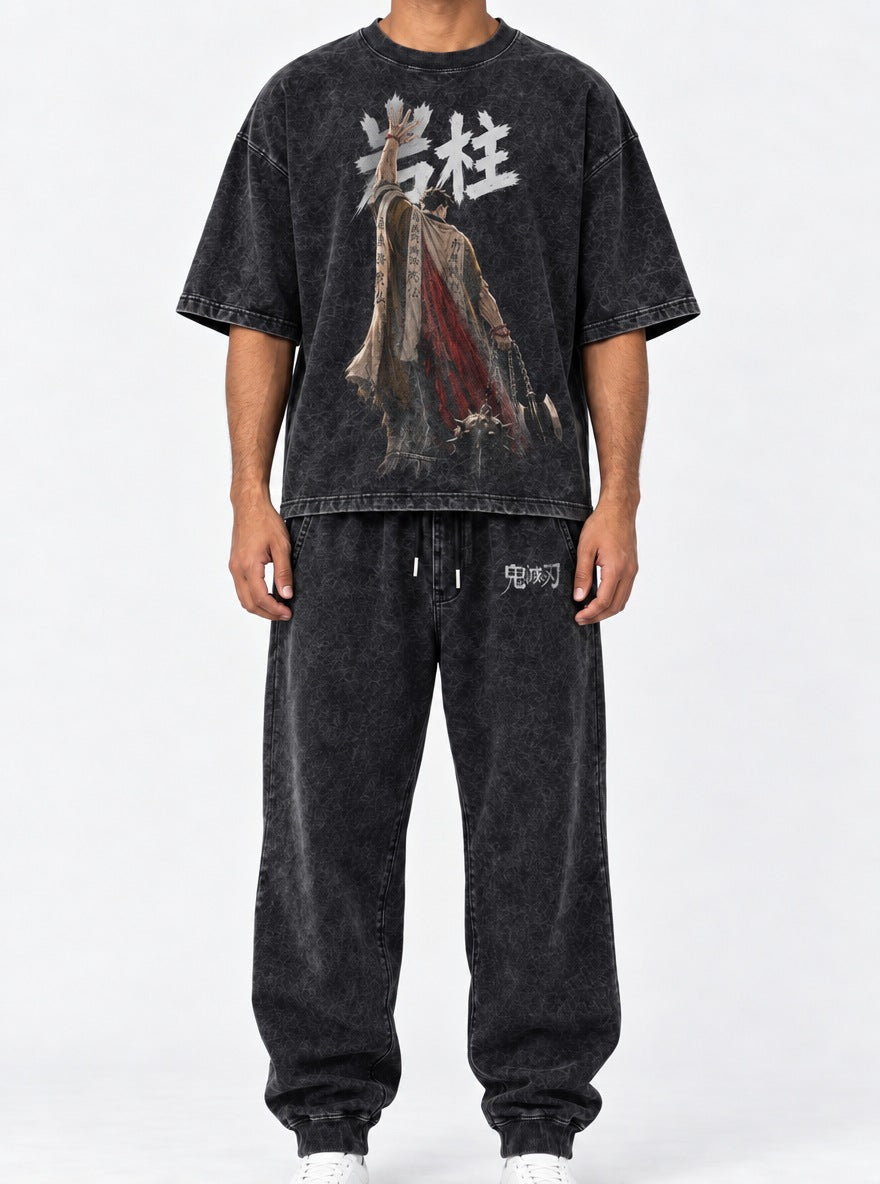 Cool Black Tee & Joggers Combo – Stone Pillar – model shot | Demon Slayer