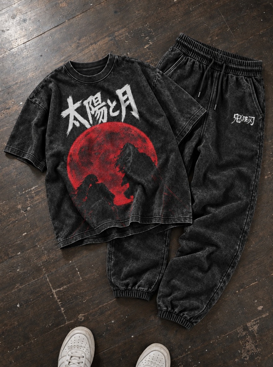 Cool Black Tee & Joggers Combo – Sun and Moon – flat-lay | Demon Slayer