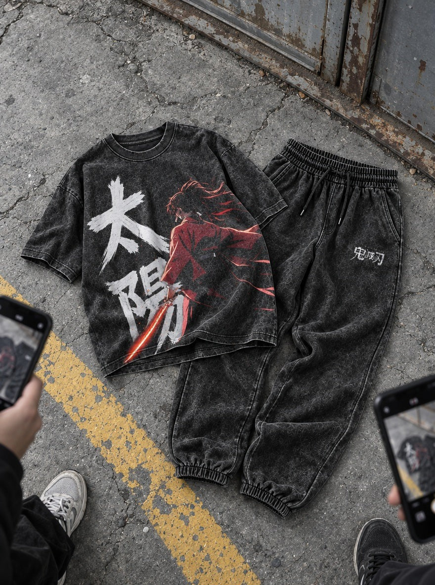 Upper Ranks Tee & Joggers Combo – Yoriichi Sun – flat-lay | Demon Slayer