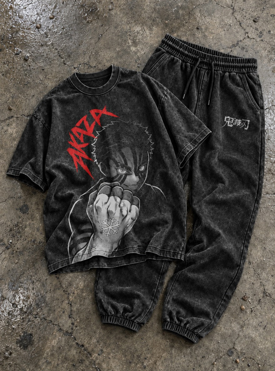 Upper Ranks Tee & Joggers Combo – Akaza Fist – flat-lay | Demon Slayer