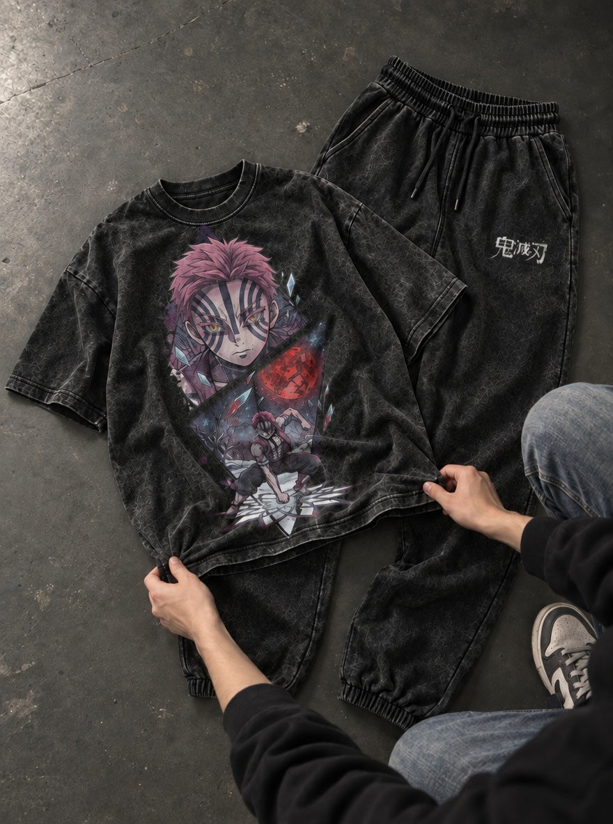 Upper Ranks Tee & Joggers Combo – Akaza Crimson – flat-lay | Demon Slayer