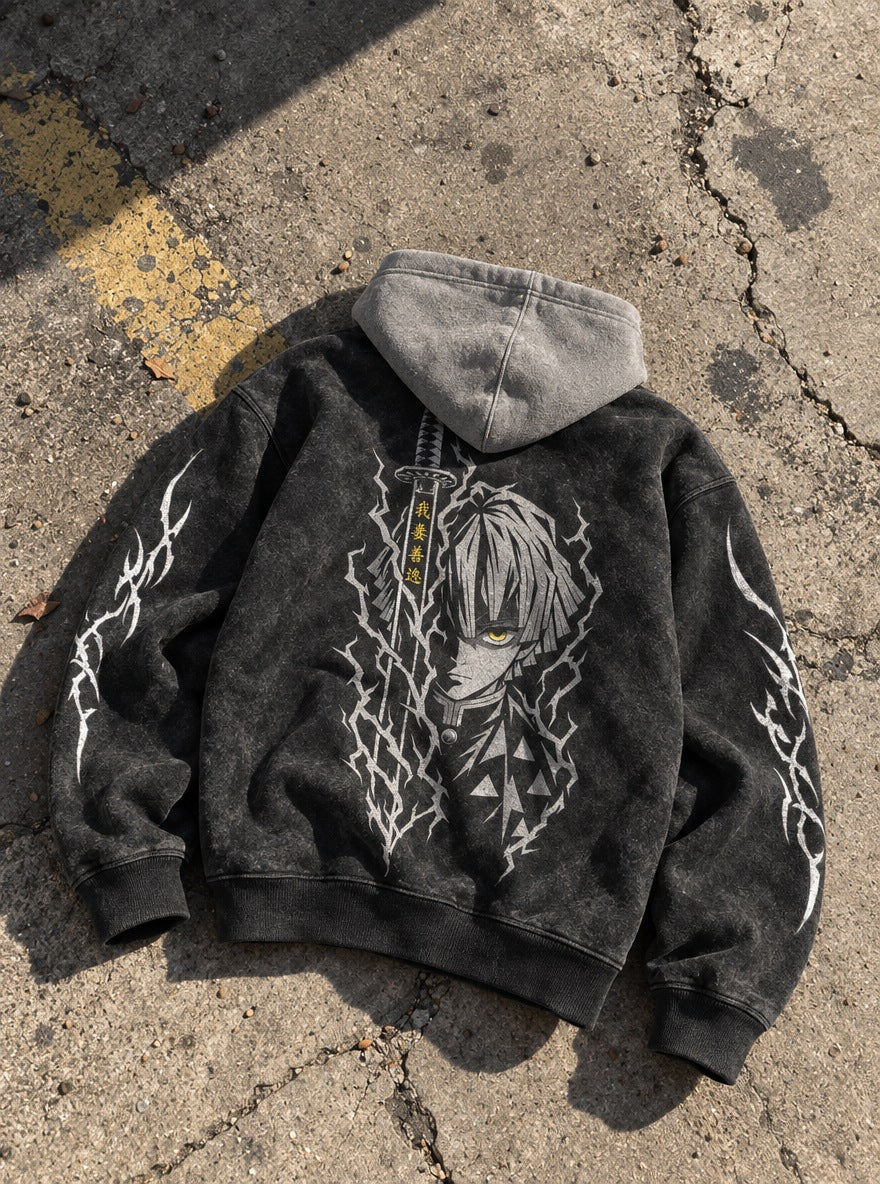 Zenitsu Blade – Black & Grey Hoodie – flat-lay | Demon Slayer