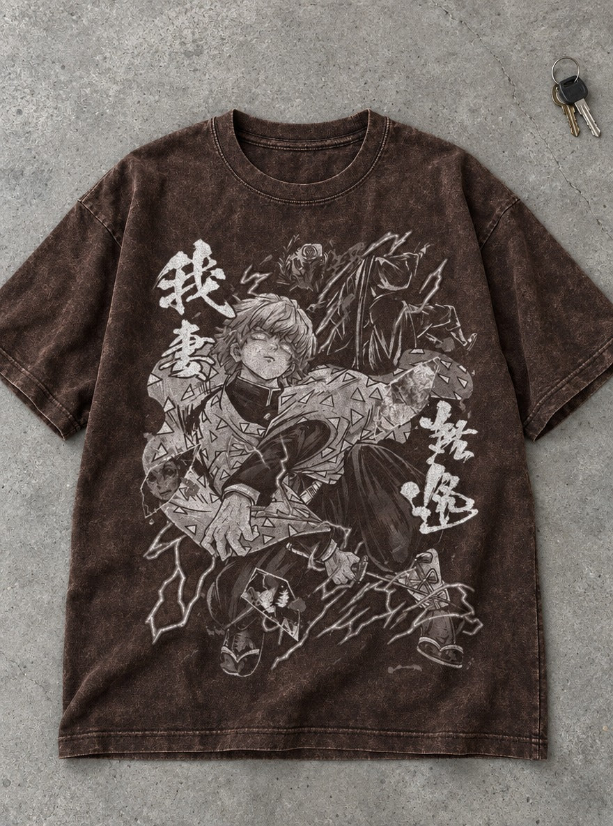 Zenitsu Lightning – Brown T-Shirt – flat-lay | Demon Slayer