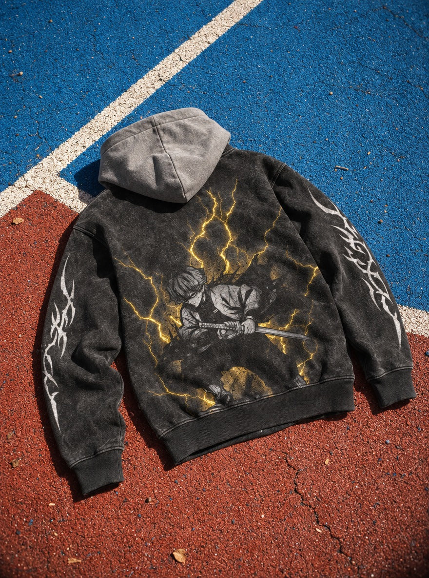 Zenitsu Thunderclap – Black & Grey Hoodie – flat-lay | Demon Slayer