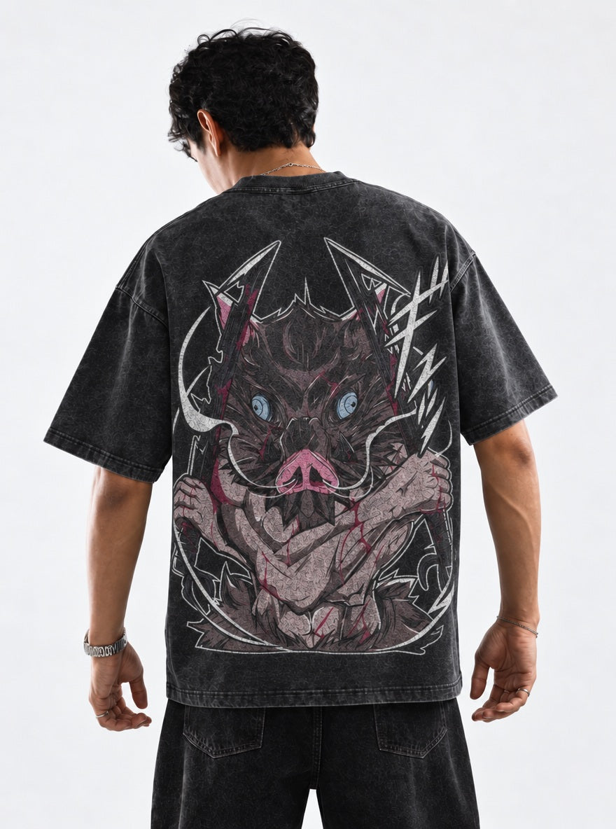 Boar Head – Black T-Shirt – model shot | Demon Slayer