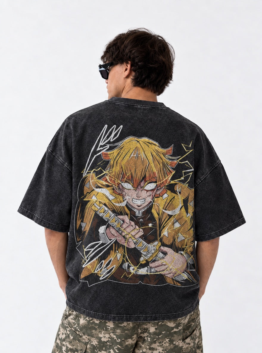 Zenitsu Fury – Black T-Shirt – model shot | Demon Slayer