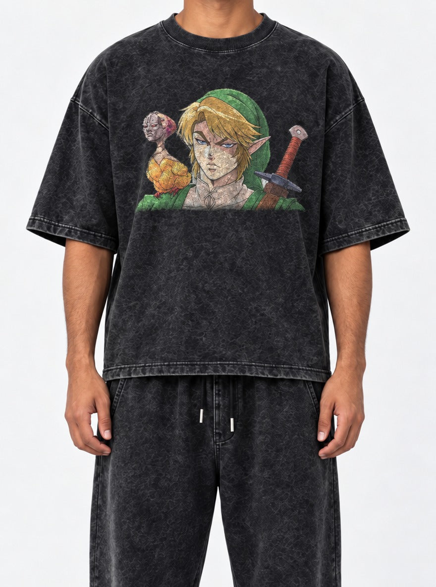 Dio Link – Black Acid Wash Tee – model shot | Meme Tees