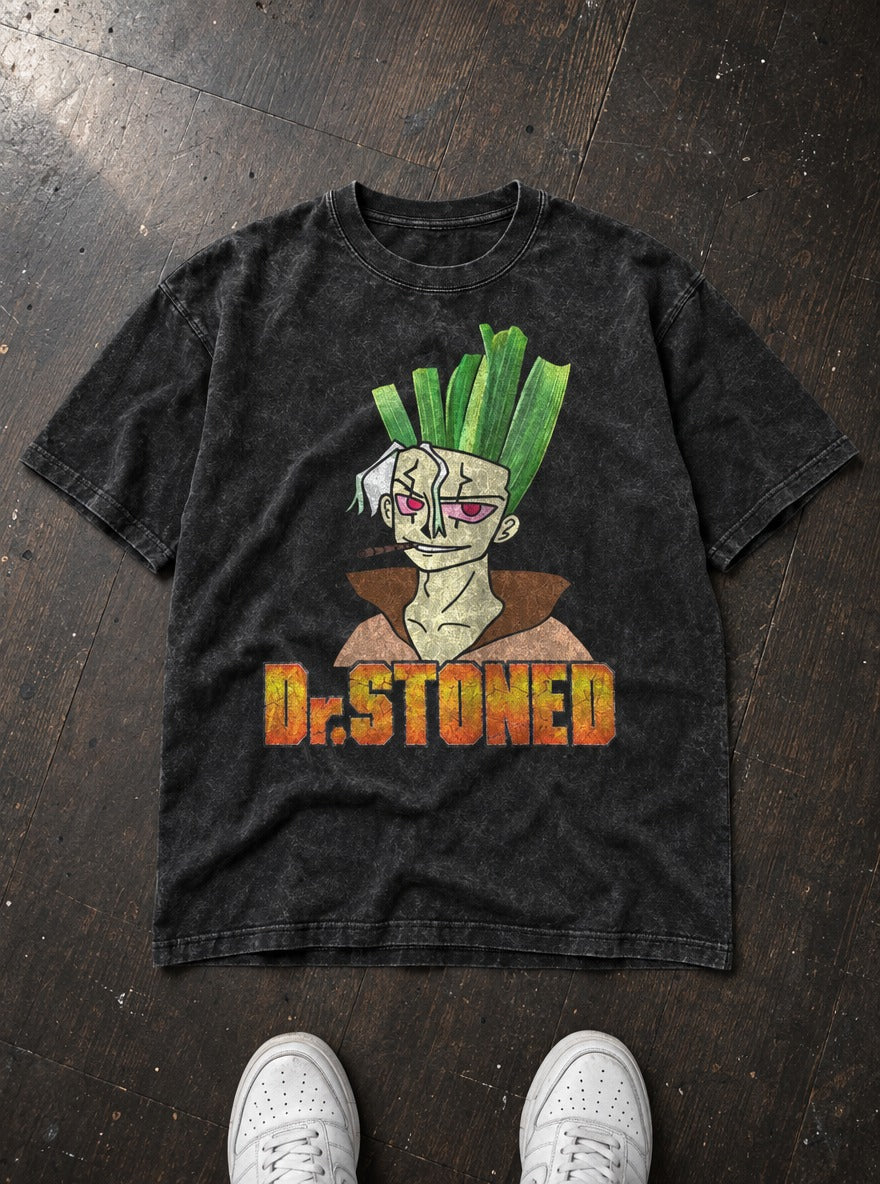 Dr. Stoned – Black Acid Wash Tee – flat-lay | Meme Tees