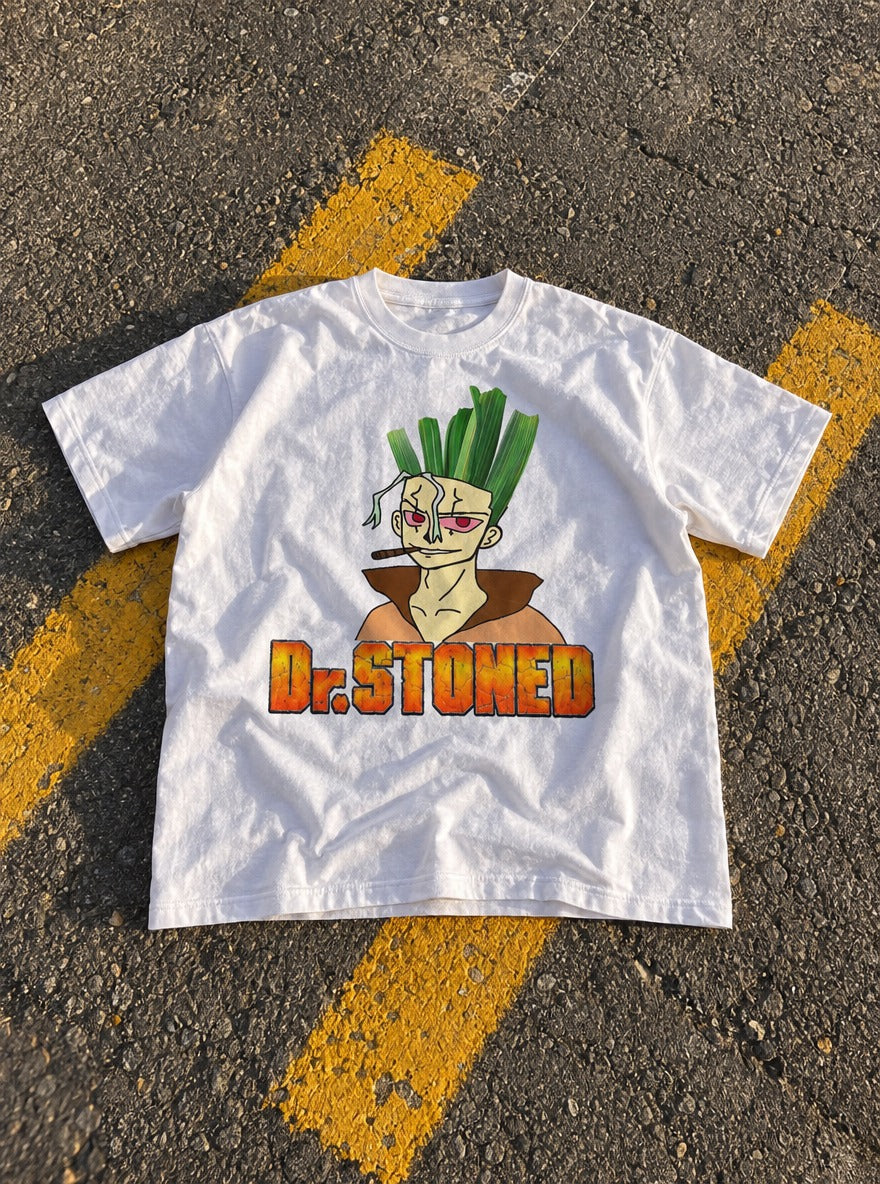 Dr. Stoned – White Tee – flat-lay | Meme Tees