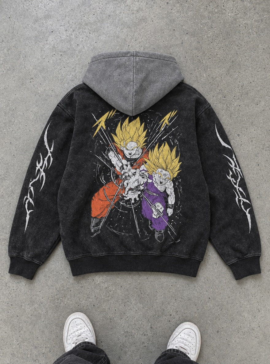 Goku & Gohan – Black & Grey Hoodie – flat-lay | Dragon Ball